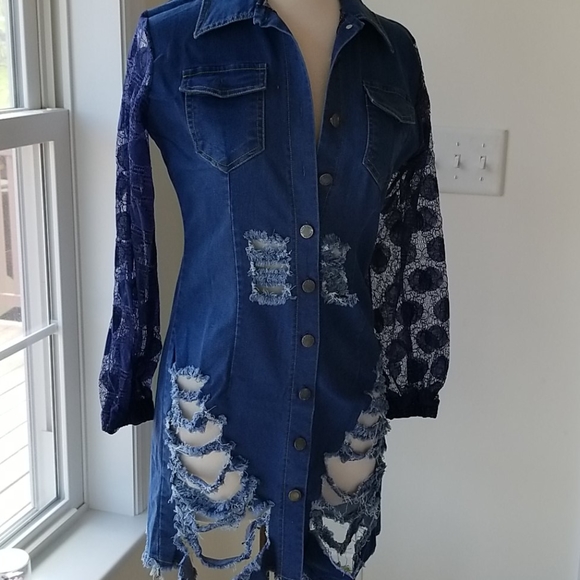 Vicky and Lucas 🌠Dark Blue Denim Distressed Dress - Picture 7 of 12